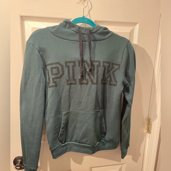 PINK Green Fleece Hoodie Size Medium - Picture 2 of 8